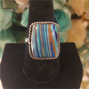“Last Chance” Silver Rainbow Casilica Rectangle Stone Ring